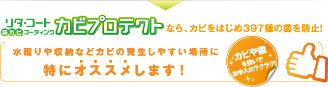 リタ・コート「カビプロテクト」なら、カビをはじめ397種の菌を防止！水回りや収納などカビの発生しやすい場所に特にオススメします！カビや菌を防いでお手入れラクラク！